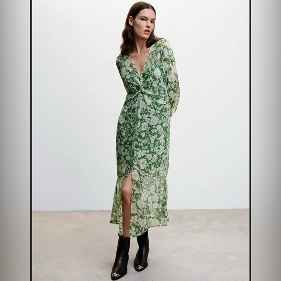 Mango Dresses & Skirts - Mango floral « Lila » chiffon midi dress Floral Green Wrap Dress size 4